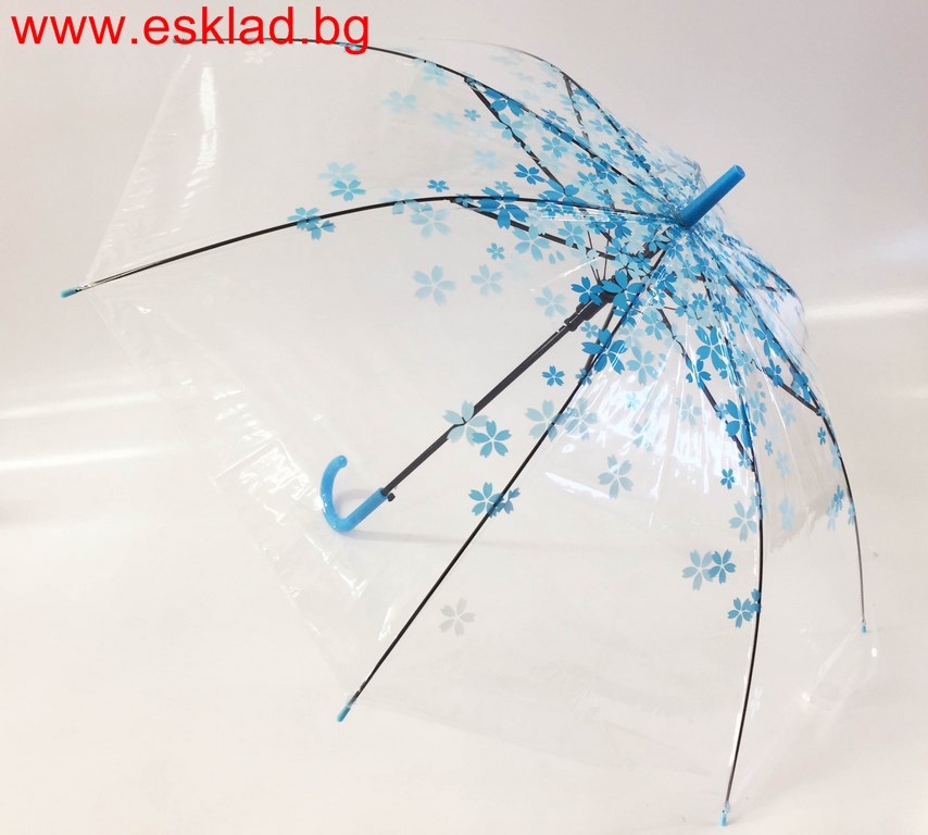 Чадър силикон прозрачен с цветя с дръжка бастун Ф96см