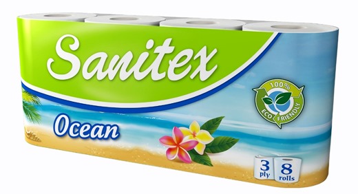 Тоалетна хартия "Sanitex" 8ца трипластова ароматизирана Ocean /3 пакета в чувал/