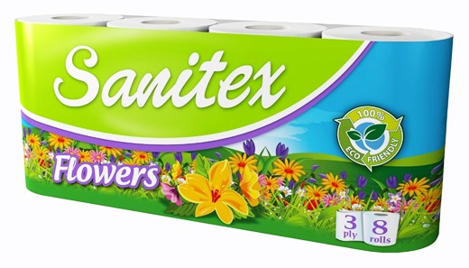 Тоалетна хартия "Sanitex" 8ца трипластова ароматизирана Flowers /3 пакета в чувал/