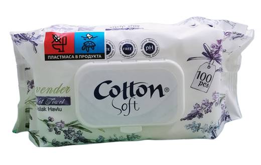 Мокри кърпи Cotton soft с капак 100бр лавандула /24 пакета в кашон/