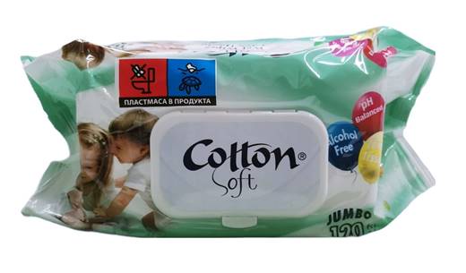 Мокри кърпи Cotton soft с капак 120бр зелени /24 пакета в кашон/