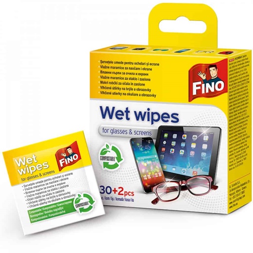 Влажни кърпички за очила и екрани с алкохол 30+2 броя в опаковка FINO /24 опаковки в кутия/