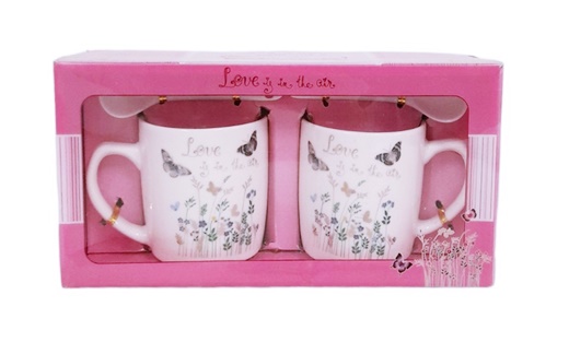 Чаша порцелан 2 броя с лъжички пеперуди Love в кутия №AT-1328