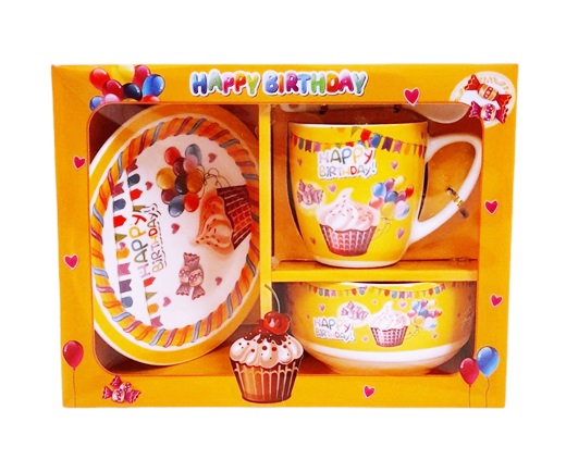 Комплект чаша, лъжичка, чинийка и купа порцелан Happy Birthday в кутия №SU-19
