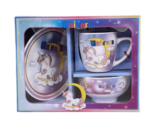 Комплект чаша, лъжичка, чинийка и купа порцелан Еднорог в кутия №SU-20