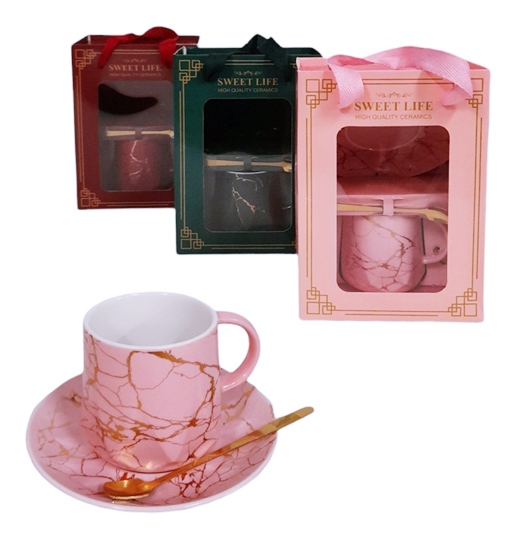 Чаша порцелан, чинийка и лъжичка серия лукс в подаръчна кутия SWEET LIFE №HM-49-1