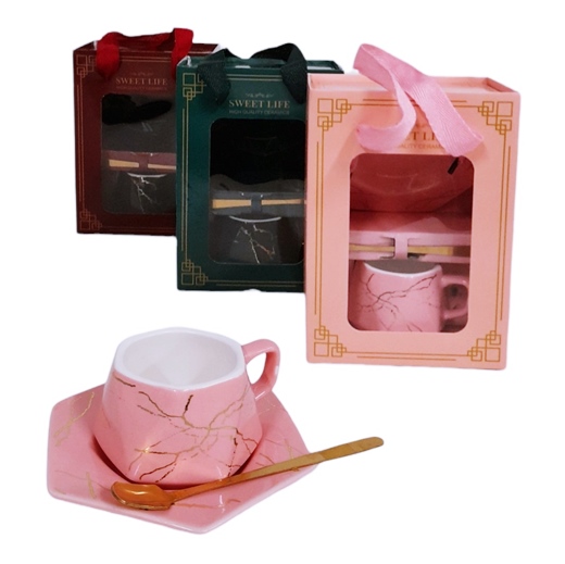 Чаша порцелан, чинийка и лъжичка серия лукс в подаръчна кутия SWEET LIFE №HM-55-1