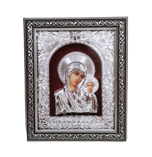 Икона на стойка Богородица с Исус Христос сребърна 26х21см