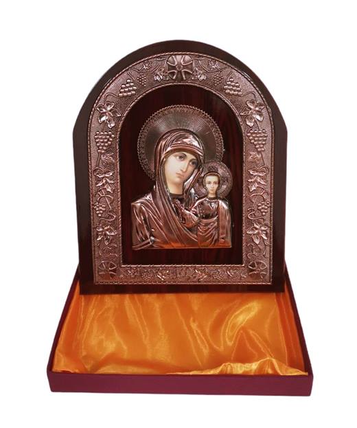Икона на стойка заоблена Богородица с Исус Христос мед 19.5х24см