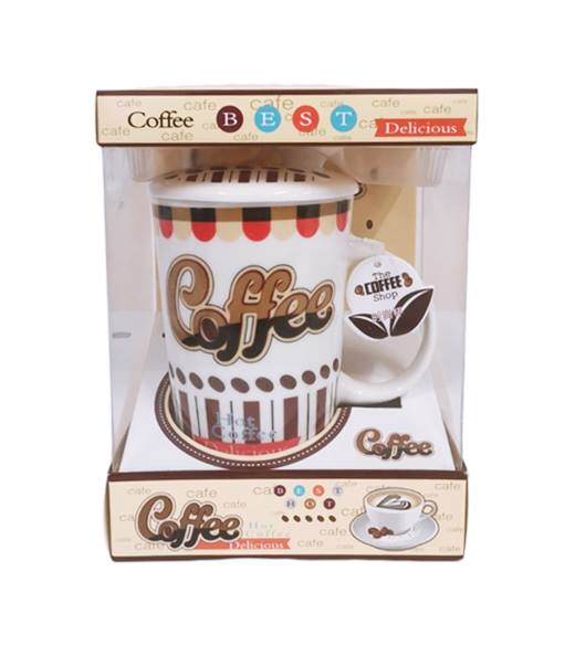 Чаша порцелан c лъжичка и капаче в кутия COFFEE