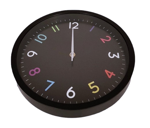 Часовник стенен Ф30 см малки цветни цифри черна рамка