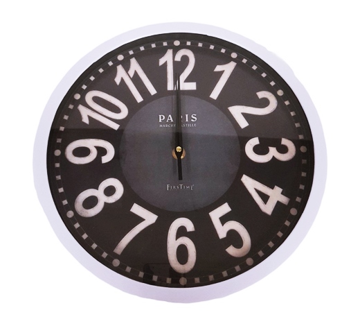 Часовник стенен Ф30 см бяла рамка/ черен циферблат големи цифри Paris