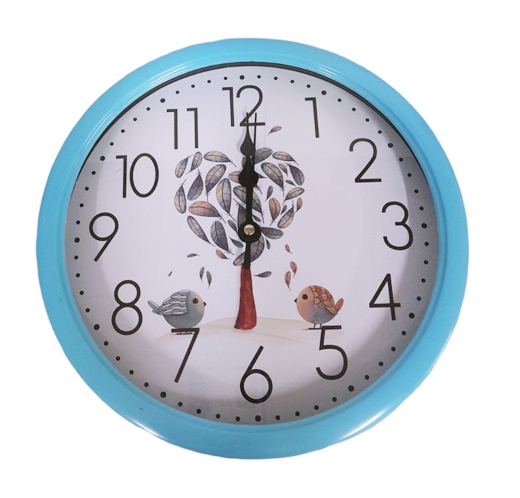 Часовник стенен Ф23 см декор ПТИЦИ синя рамка