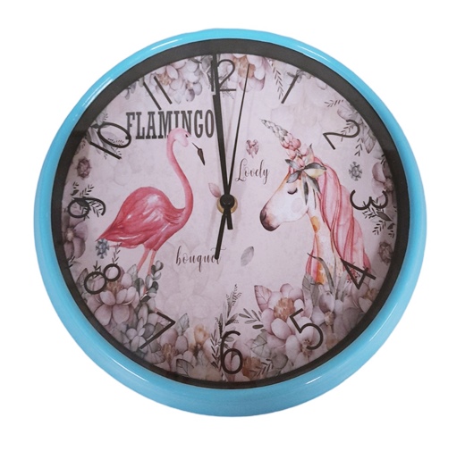 Часовник стенен Ф26 см декор Фламинго/Животни синя рамка