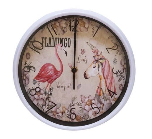 Часовник стенен Ф26 см декор Фламинго/Животни бяла рамка