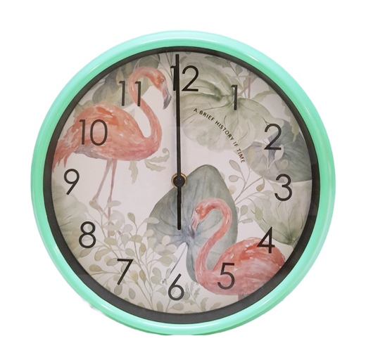 Часовник стенен Ф26 см декор Фламинго/Животни зелена рамка