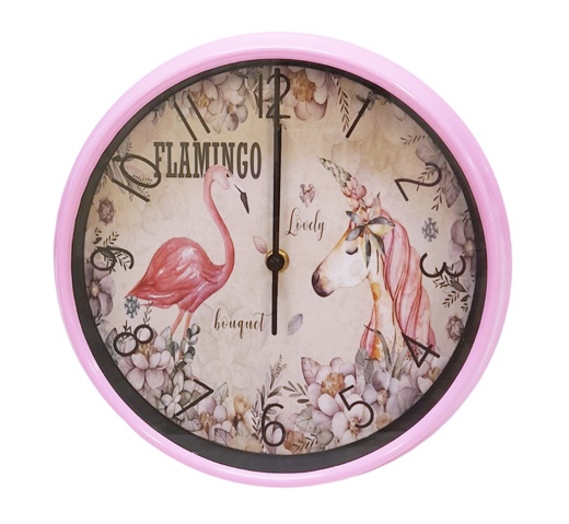 Часовник стенен Ф26 см декор Фламинго/Животни розова рамка