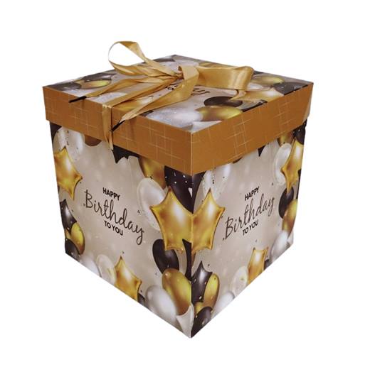 Кутия за подарък сгъваема с панделка HAPPY BIRTHDAY 22х22х22см/12 броя в стек/
