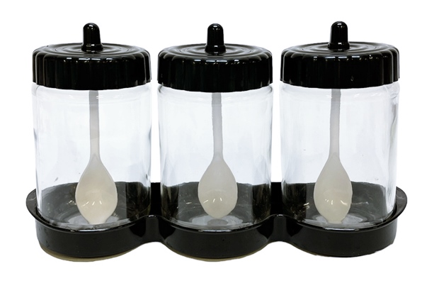 Комплект за подправки стъклени буркани 3 броя с пвц лъжички на стойка Cihat
