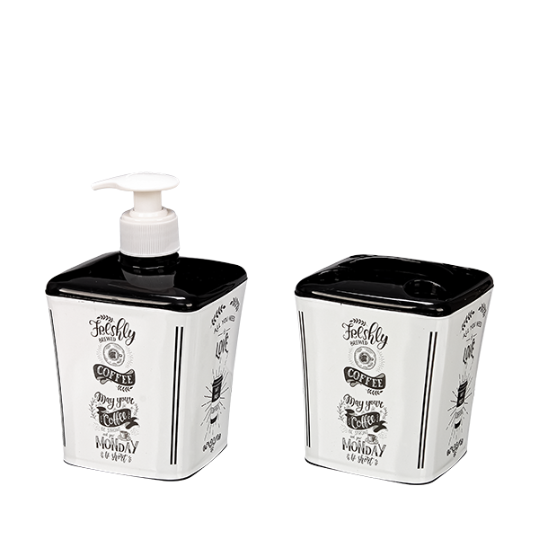 Комплект за баня от 2 части Elif дозатор за течен сапун+поставка за четка за зъби декор COFFEE бял