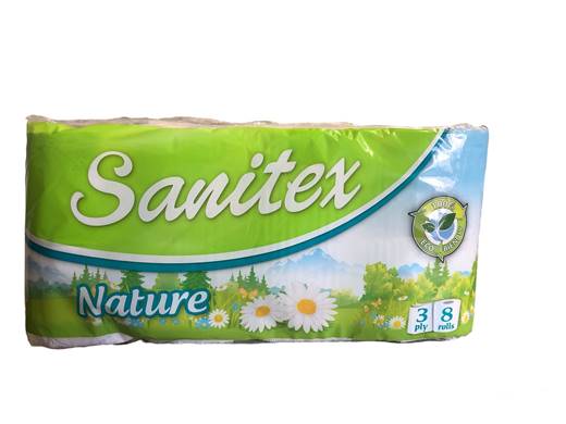Тоалетна хартия "Sanitex" 8ца трипластова Nature /3 пакета в чувал/