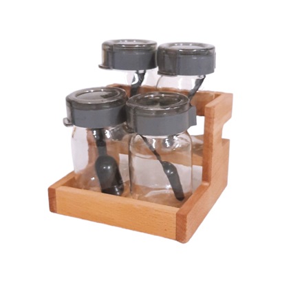 Комплект за подправки 4 броя стъклени буркани на дървена стойка в кутия Hane №HN-2929