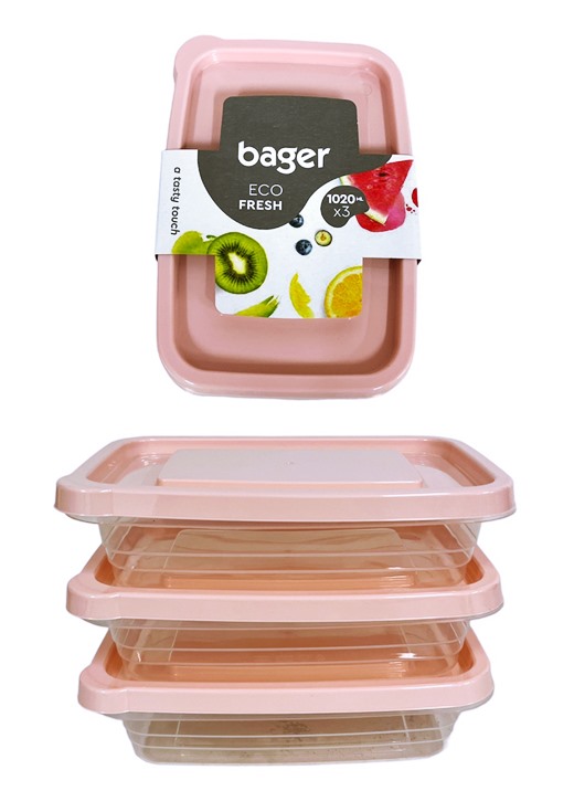 Комплект 3 броя пвц кутии с капак 3х1020мл правоъгълни плитки Bager №BG657