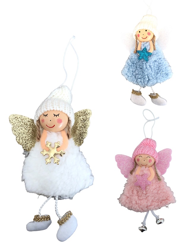 Коледна играчка ангелче с едноцветна рокля 15см/12 броя в стек/