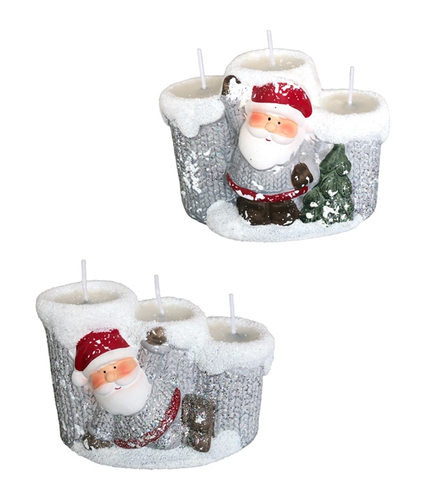 Свещ с Дядо Коледа керамична тройна 11,5см х 6,5см х 8,5см  /4 броя в кутия/