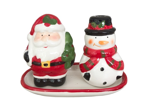 Комплект коледни солници керамични Дядо Коледа и Снежко с чинийка 11см х 5см х 6,5см