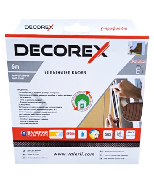 Уплътнител за врати и прозорци DECOREX Е профил кафяв гумен 6м х 4мм /30 броя в кашон/