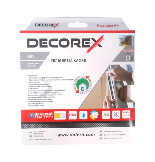Уплътнител за врати и прозорци DECOREX D профил кафяв гумен 6м х 6мм /30 броя в кашон/