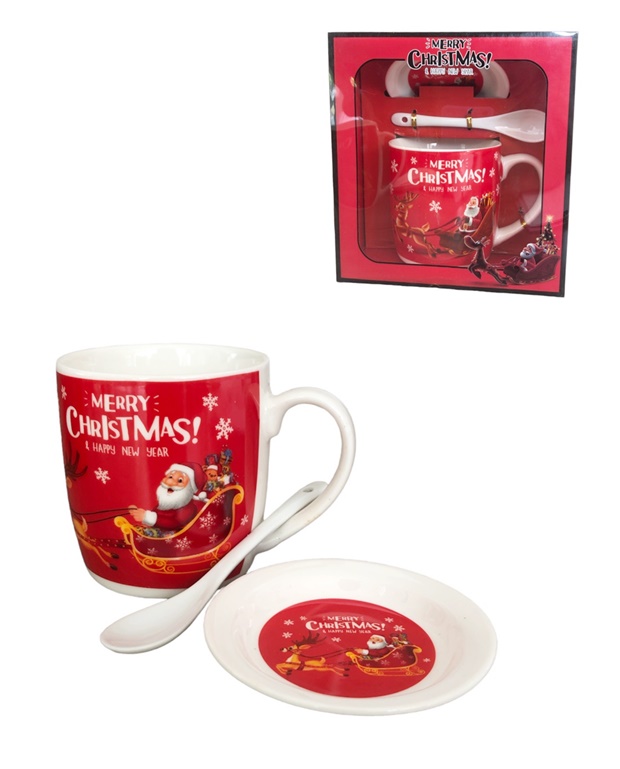 Чаша порцелан Коледа с чинийка и лъжичка  в кутия №NK-1705