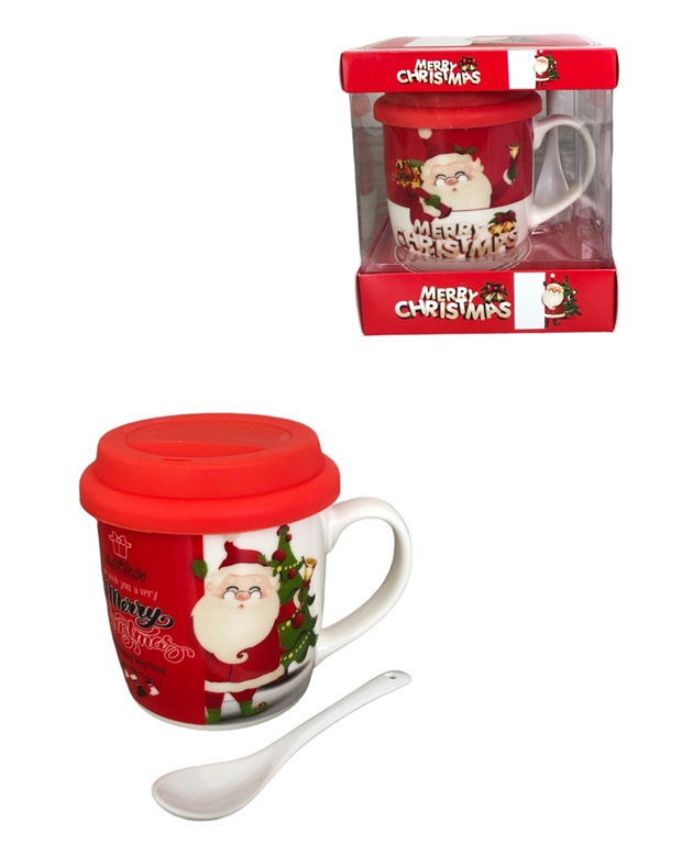 Чаша порцелан Коледа с лъжичка и силиконов капак в кутия №QF-832