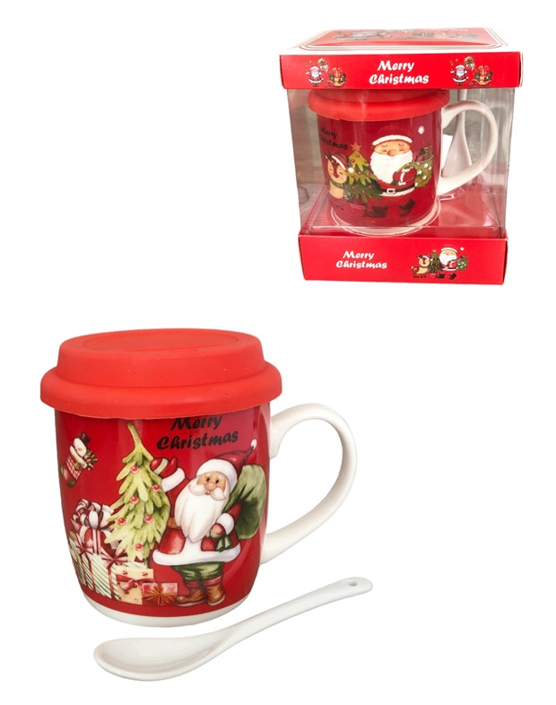 Чаша порцелан Коледа с лъжичка и силиконов капак в кутия №QF830