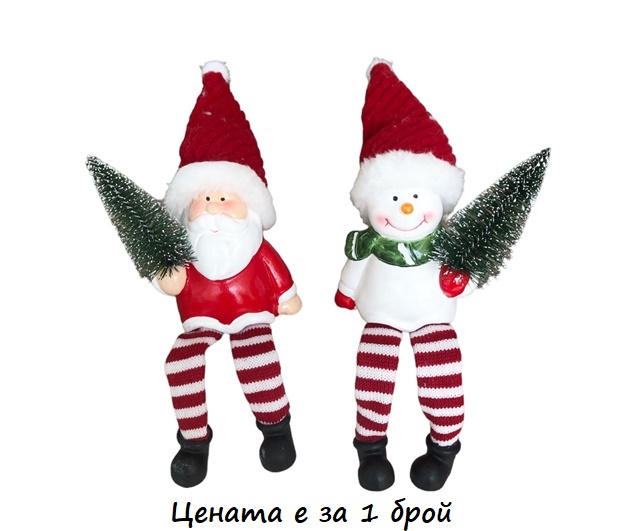 Дядо Коледа и Снежко керамични с висящи крака 7,5см х 5,3см /2 броя в кутия/