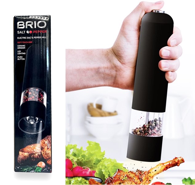 Мелничка за подправки BRIO Salt Pepper електрическа черна Soft Touch с керамичен механизъм 5,3см х 5,3см х23см №107108 /12 броя в кашон/