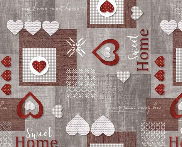 Мушама Mirella 140см/20м №180-B сива с червени сърца и надпис Sweet Home