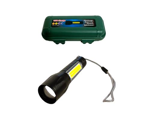 Фенер LED метален 2в1 USB зареждане POLICE 9см в зелена пвц кутия