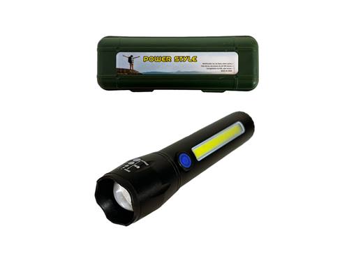 Фенер LED метален 2в1 USB зареждане POLICE 15см в зелена пвц кутия №BL-G62