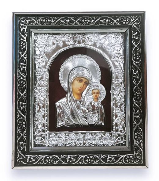 Икона Богородица с Исус Христос стъкло сребърна рамка 20х18см в кутия №D1