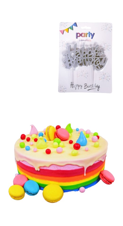 Свещ топер за торта Happy Birthday сребро 10х6см /24 броя в кутия/