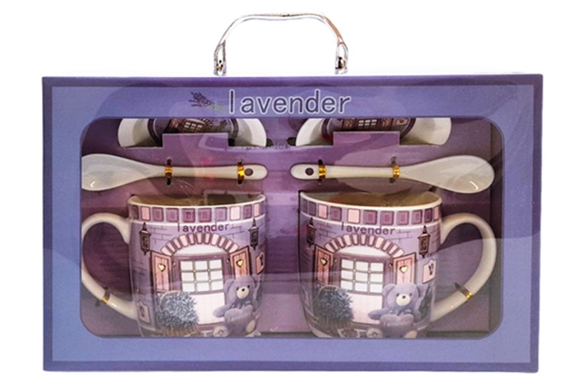 Чаша 2 броя порцелан с чинийки и лъжички серия лукс в подаръчна кутия Lavender мечета