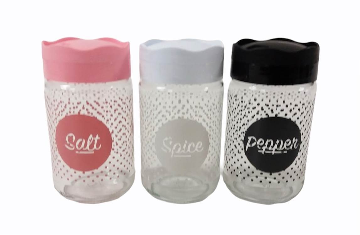 Буркан за подправки стъкло с пвц въртяща капачка декор точки Salt/Pepper/Spice Ф7/Н13 см