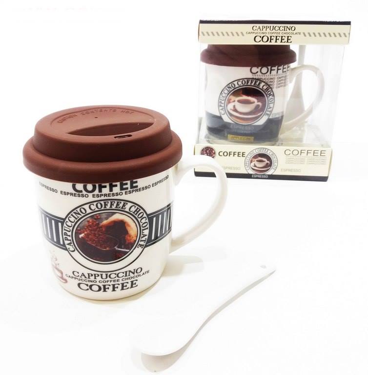 Чаша порцелан c лъжичка и силиконов капак в кутия COFFEE
