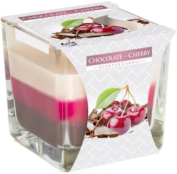 Свещ ароматизирана в квадратна чаша трицветна CHOCOLATE - CHERRY snk80-104 /6 броя в кашон/