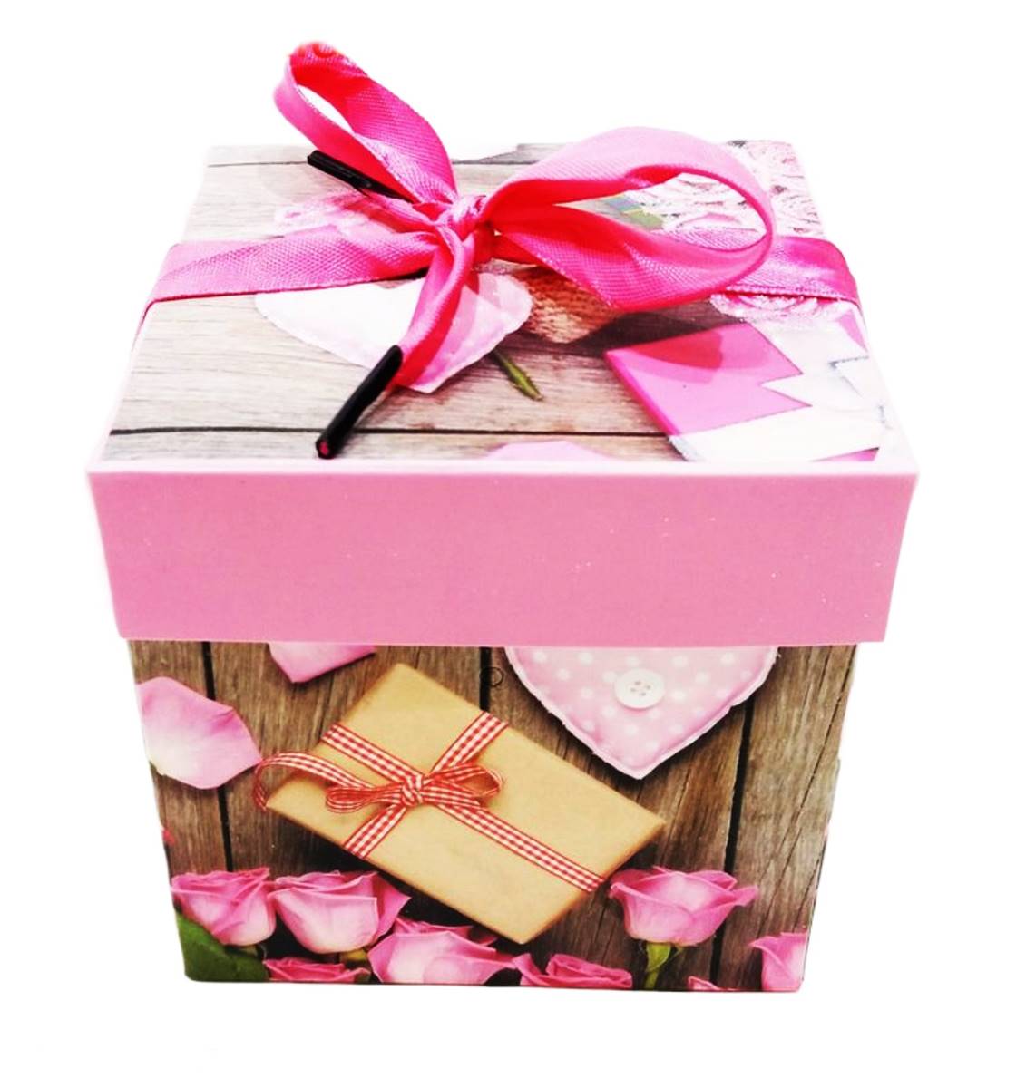 Кутия за подарък сгъваема с панделка розова 10х10х10см/12 броя в стек/