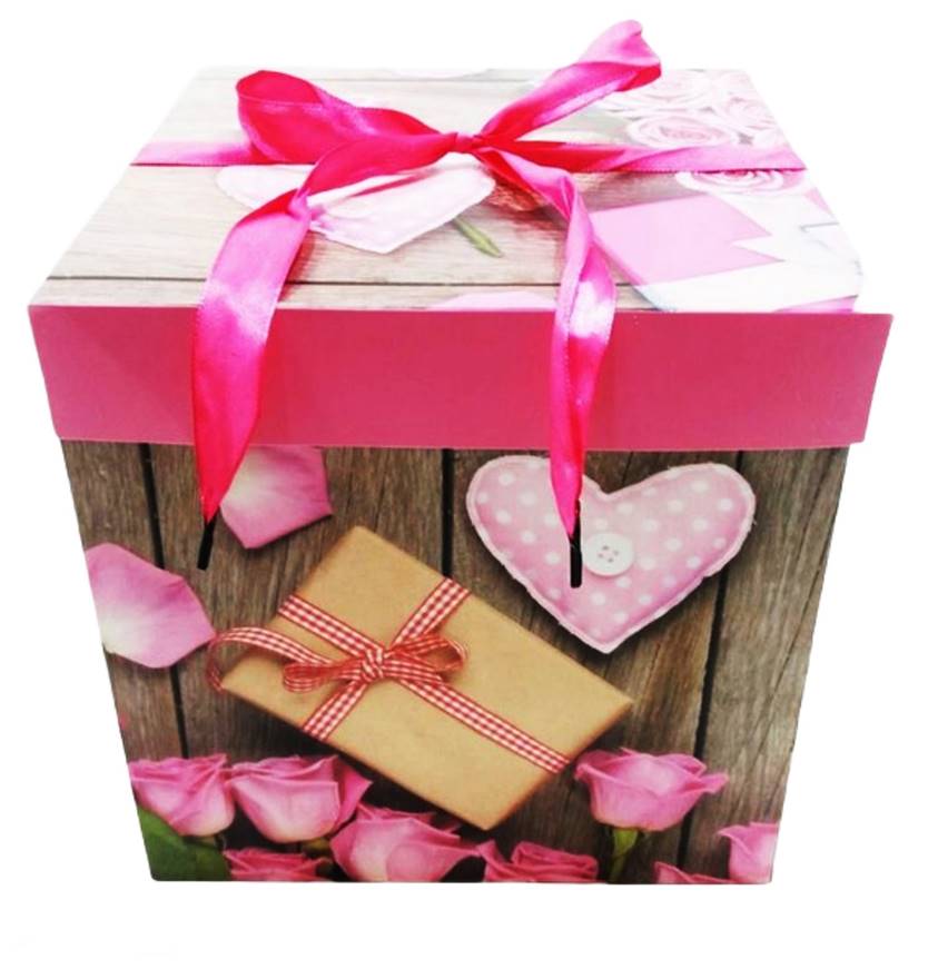 Кутия за подарък сгъваема с панделка розова 22х22х22см/12 броя в стек/