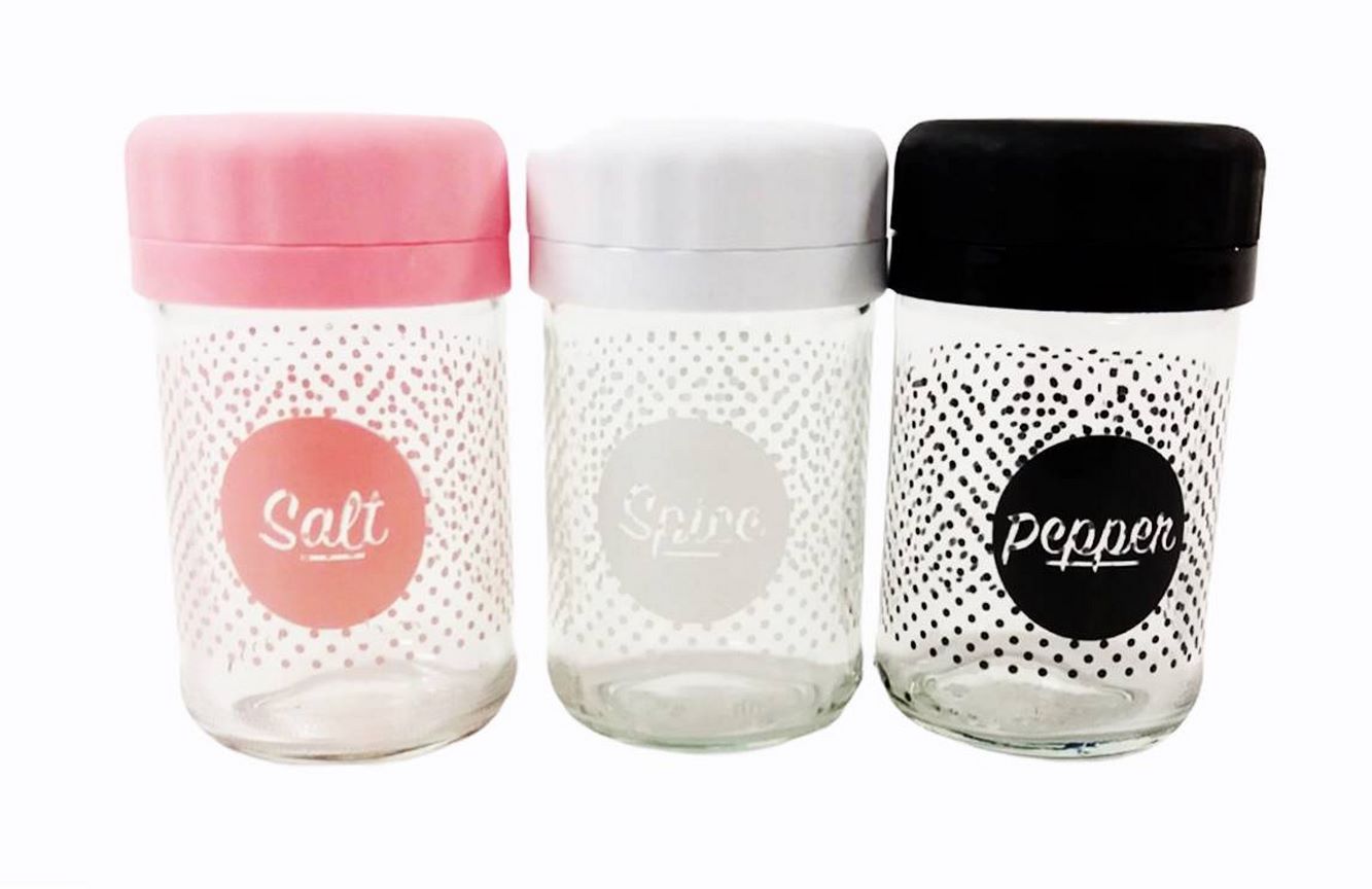 Солница стъкло с пвц въртяща капачка декор точки Salt/Pepper/Spice Ф5/Н9 см