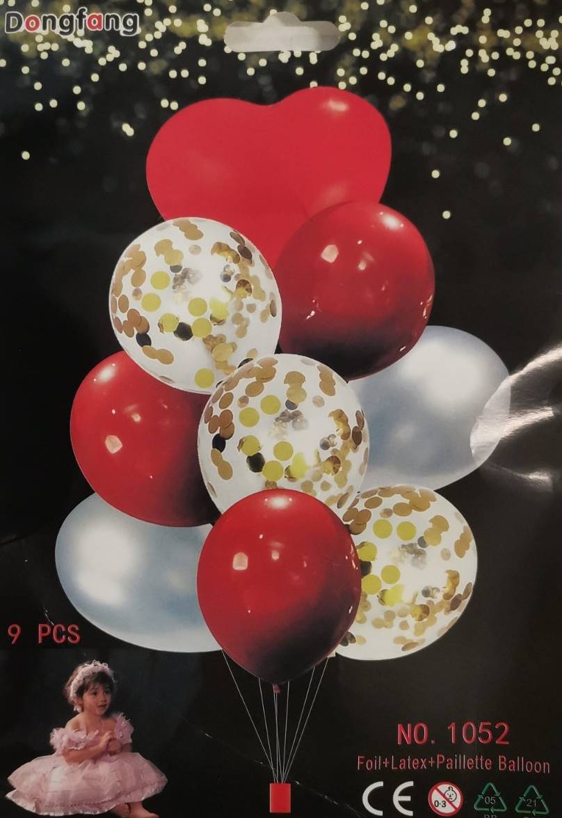 Балони ПАРТИ КОМПЛЕКТ 9-ка червено и бяло 5 бр. прозрачни с конфети + 4 бр. фолирани